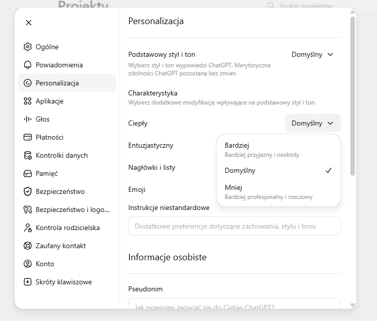 Panel Personalizacja w ustawieniach ChatGPT — styl, ton, charakterystyka