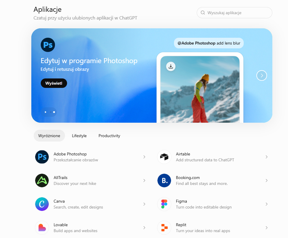 Sekcja Aplikacje w ChatGPT — Photoshop, Canva, Figma, Lovable, Replit, Airtable